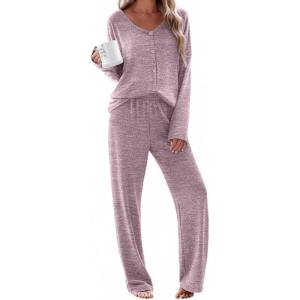 Ekouaer Womens Pajama Sets Button Up Long Sleeve Pjs Soft Lounge Set 2 Piece Sleepwear with Pockets(Pink)