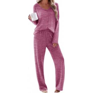 Ekouaer Womens Pajama Sets Button Up Long Sleeve Pjs Soft Lounge Set 2 Piece Sleepwear with Pockets(Rose Red)