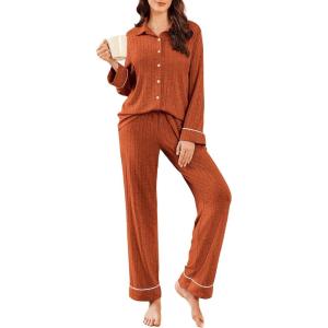 Ekouaer Womens Pajama Sets Long Sleeve Ribbed Knit Lounge Set Button Down Soft 2 Piece Pjs With Pockets(Caramel)