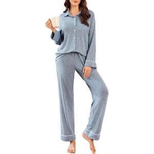 Ekouaer Womens Pajama Sets Long Sleeve Ribbed Knit Lounge Set Button Down Soft 2 Piece Pjs With Pockets(Light Blue)