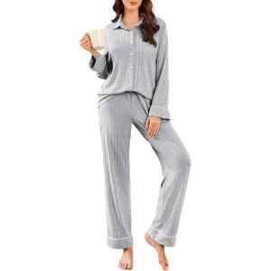 Ekouaer Womens Pajama Sets Long Sleeve Ribbed Knit Lounge Set Button Down Soft 2 Piece Pjs With Pockets(Light Grey)