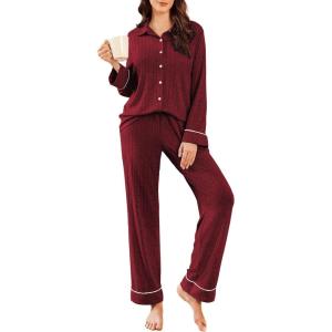 Ekouaer Womens Pajama Sets Long Sleeve Ribbed Knit Lounge Set Button Down Soft 2 Piece Pjs With Pockets(Wine Red)