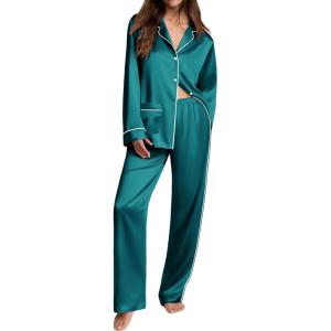 Ekouaer Womens Pajama Sets Satin Silk Pjs Classic Button Down Sleepwear Soft Long Sleeve Lounge Sets(Blue Green)