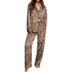 Ekouaer Womens Pajama Sets Satin Silk Pjs Classic Button Down Sleepwear Soft Long Sleeve Lounge Sets(Brown Leopard)