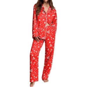 Ekouaer Womens Pajama Sets Satin Silk Pjs Classic Button Down Sleepwear Soft Long Sleeve Lounge Sets(Christmas Red)