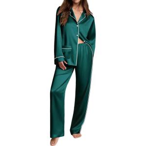 Ekouaer Womens Pajama Sets Satin Silk Pjs Classic Button Down Sleepwear Soft Long Sleeve Lounge Sets(Deep Green)