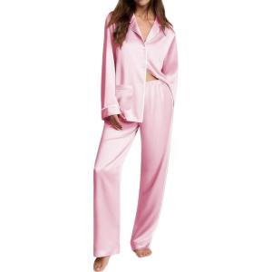 Ekouaer Womens Pajama Sets Satin Silk Pjs Classic Button Down Sleepwear Soft Long Sleeve Lounge Sets(Pink)