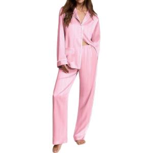 Ekouaer Womens Pajama Sets Satin Silk Pjs Classic Button Down Sleepwear Soft Long Sleeve Lounge Sets(Pink Striped)