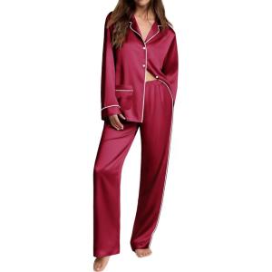 Ekouaer Womens Pajama Sets Satin Silk Pjs Classic Button Down Sleepwear Soft Long Sleeve Lounge Sets(Wine Red)