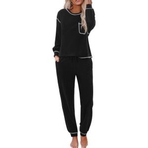 Ekouaer Womens Pajamas Set Waffle Knit Long Sleeve Lounge Set 2 Piece Pj Loungewear Sleepwear S-XXL(Black)