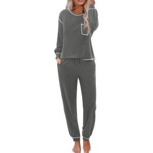 Ekouaer Womens Pajamas Set Waffle Knit Long Sleeve Lounge Set 2 Piece Pj Loungewear Sleepwear S-XXL(Dark Gray)