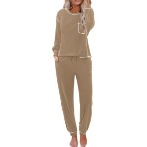 Ekouaer Womens Pajamas Set Waffle Knit Long Sleeve Lounge Set 2 Piece Pj Loungewear Sleepwear S-XXL(Khaki)