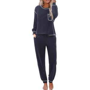 Ekouaer Womens Pajamas Set Waffle Knit Long Sleeve Lounge Set 2 Piece Pj Loungewear Sleepwear S-XXL(Navy Blue)