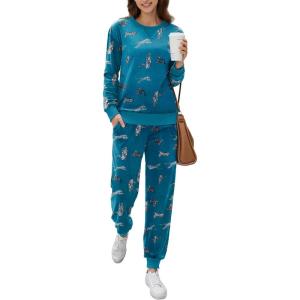 Ekouaer Womens Pajamas Sets Velvet Long Sleeve Jogger Pjs Soft Sleepwear 2 Piece Lounge Sets Casual Tracksuits(Leopard Green)