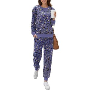 Ekouaer Womens Pajamas Sets Velvet Long Sleeve Jogger Pjs Soft Sleepwear 2 Piece Lounge Sets Casual Tracksuits(Leopard Purple)