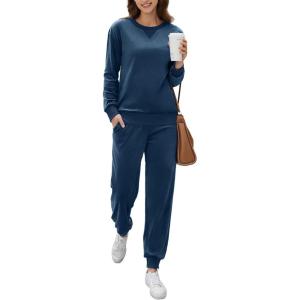 Ekouaer Womens Pajamas Sets Velvet Long Sleeve Jogger Pjs Soft Sleepwear 2 Piece Lounge Sets Casual Tracksuits(Navy Blue)