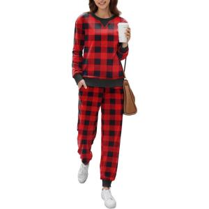 Ekouaer Womens Pajamas Sets Velvet Long Sleeve Jogger Pjs Soft Sleepwear 2 Piece Lounge Sets Casual Tracksuits(Plaid Red)