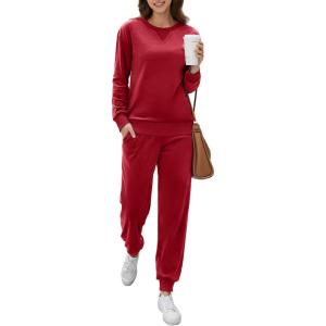 Ekouaer Womens Pajamas Sets Velvet Long Sleeve Jogger Pjs Soft Sleepwear 2 Piece Lounge Sets Casual Tracksuits(Wine Red)