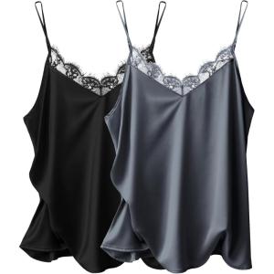 Ekouaer Women’s Satin Camisole Lace Silk Satin Pajama Tank Tops V Neck Soft Spaghetti Strap Loose Sleepwear(Black & Dard Grey)