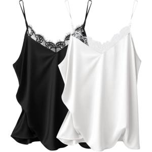 Ekouaer Women’s Satin Camisole Lace Silk Satin Pajama Tank Tops V Neck Soft Spaghetti Strap Loose Sleepwear(Black & White)