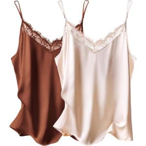 Ekouaer Women’s Satin Camisole Lace Silk Satin Pajama Tank Tops V Neck Soft Spaghetti Strap Loose Sleepwear(Caramel&champagne)