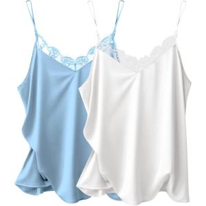 Ekouaer Women’s Satin Camisole Lace Silk Satin Pajama Tank Tops V Neck Soft Spaghetti Strap Loose Sleepwear(White & Light Blue)