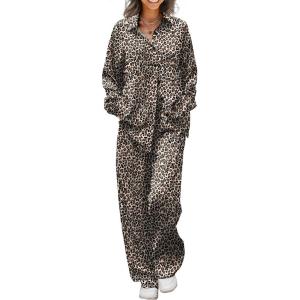 Ekouaer Womens Satin Silky Pajama Set 2 Piece Print PJs Soft Loungewear Button Down Sleepwear with Elastic Waist Long Pants(Apricot Leopard Print)