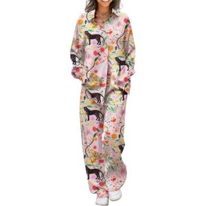 Ekouaer Womens Satin Silky Pajama Set 2 Piece Print PJs Soft Loungewear Button Down Sleepwear with Elastic Waist Long Pants(B-black Panther Seed)