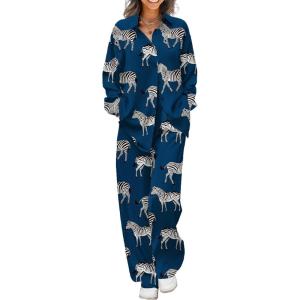 Ekouaer Womens Satin Silky Pajama Set 2 Piece Print PJs Soft Loungewear Button Down Sleepwear with Elastic Waist Long Pants(B-black Zebra)