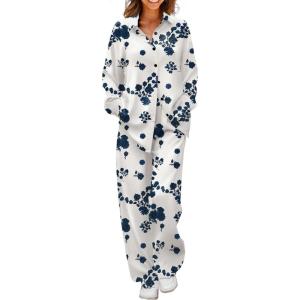 Ekouaer Womens Satin Silky Pajama Set 2 Piece Print PJs Soft Loungewear Button Down Sleepwear with Elastic Waist Long Pants(B-blue Flower)