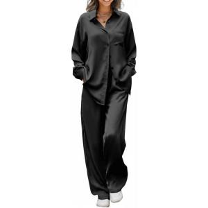 Ekouaer Womens Satin Silky Pajama Set 2 Piece Print PJs Soft Loungewear Button Down Sleepwear with Elastic Waist Long Pants(Black)