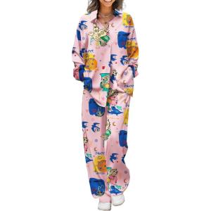Ekouaer Womens Satin Silky Pajama Set 2 Piece Print PJs Soft Loungewear Button Down Sleepwear with Elastic Waist Long Pants(B-pink Pigeon)