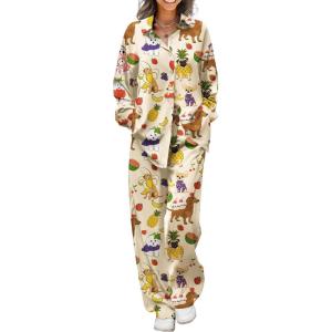 Ekouaer Womens Satin Silky Pajama Set 2 Piece Print PJs Soft Loungewear Button Down Sleepwear with Elastic Waist Long Pants(B-yellow Dog)