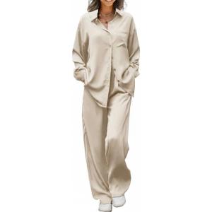 Ekouaer Womens Satin Silky Pajama Set 2 Piece Print PJs Soft Loungewear Button Down Sleepwear with Elastic Waist Long Pants(Champagne)
