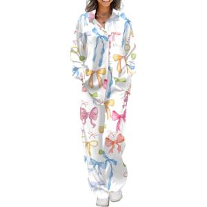 Ekouaer Womens Satin Silky Pajama Set 2 Piece Print PJs Soft Loungewear Button Down Sleepwear with Elastic Waist Long Pants(Colorful Bow)
