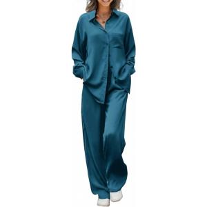 Ekouaer Womens Satin Silky Pajama Set 2 Piece Print PJs Soft Loungewear Button Down Sleepwear with Elastic Waist Long Pants(Dark Blue)
