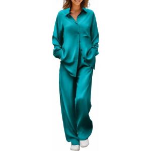 Ekouaer Womens Satin Silky Pajama Set 2 Piece Print PJs Soft Loungewear Button Down Sleepwear with Elastic Waist Long Pants(Dark Peacock Blue)