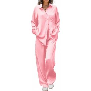 Ekouaer Womens Satin Silky Pajama Set 2 Piece Print PJs Soft Loungewear Button Down Sleepwear with Elastic Waist Long Pants(Pink)