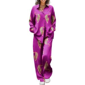 Ekouaer Womens Satin Silky Pajama Set 2 Piece Print PJs Soft Loungewear Button Down Sleepwear with Elastic Waist Long Pants(Purple Large Leopard)