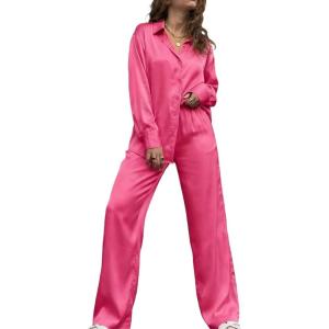 Ekouaer Womens Satin Silky Pajama Set 2 Piece Print PJs Soft Loungewear Button Down Sleepwear with Elastic Waist Long Pants(Rose Red)