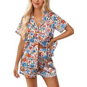 Ekouaer Womens Silk Pajama Sets Button Up Satin Pjs Short Sleeve 2 Piece Pj Sets Cute Lounge Sets with Chest Pocket(Bloom Little Flower)
