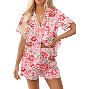 Ekouaer Womens Silk Pajama Sets Button Up Satin Pjs Short Sleeve 2 Piece Pj Sets Cute Lounge Sets with Chest Pocket(Pink Alphabet)