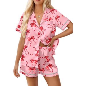 Ekouaer Womens Silk Pajama Sets Button Up Satin Pjs Short Sleeve 2 Piece Pj Sets Cute Lounge Sets with Chest Pocket(Pink Bow)