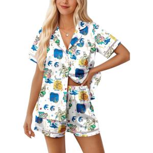 Ekouaer Womens Silk Pajama Sets Button Up Satin Pjs Short Sleeve 2 Piece Pj Sets Cute Lounge Sets with Chest Pocket(Queen Picasso)