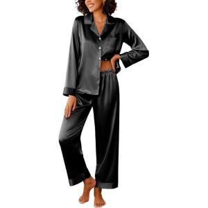 Ekouaer Womens Silk Satin Pajama Sets 2 Piece Sleepwear Pjs Set Long Sleeve Button Down Top and Pants Stripe Loungewear S-XXL(Black)
