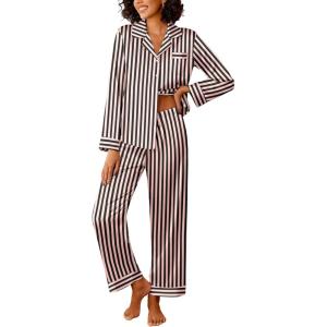 Ekouaer Womens Silk Satin Pajama Sets 2 Piece Sleepwear Pjs Set Long Sleeve Button Down Top and Pants Stripe Loungewear S-XXL(Black Pink Stripe)