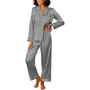 Ekouaer Womens Silk Satin Pajama Sets 2 Piece Sleepwear Pjs Set Long Sleeve Button Down Top and Pants Stripe Loungewear S-XXL(Black White Stripe)