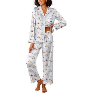 Ekouaer Womens Silk Satin Pajama Sets 2 Piece Sleepwear Pjs Set Long Sleeve Button Down Top and Pants Stripe Loungewear S-XXL(Blue Striped Teddy)