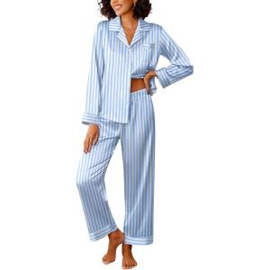 Ekouaer Womens Silk Satin Pajama Sets 2 Piece Sleepwear Pjs Set Long Sleeve Button Down Top and Pants Stripe Loungewear S-XXL(Blue White Stripe)