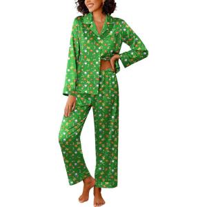 Ekouaer Womens Silk Satin Pajama Sets 2 Piece Sleepwear Pjs Set Long Sleeve Button Down Top and Pants Stripe Loungewear S-XXL(Christmas Green)